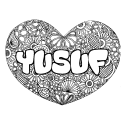 Coloring page first name YUSUF - Heart mandala background