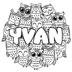 Coloring page first name YVAN - Owls background