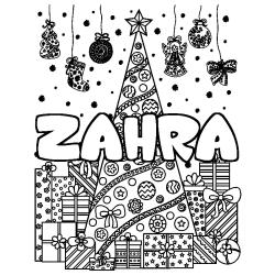 Coloring page first name ZAHRA - Christmas tree and presents background