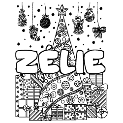 Coloring page first name ZÉLIE - Christmas tree and presents background