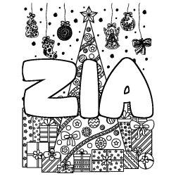 Coloring page first name ZIA - Christmas tree and presents background
