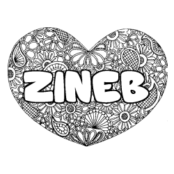 Coloring page first name ZINEB - Heart mandala background