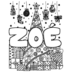 Coloring page first name ZOÉ - Christmas tree and presents background