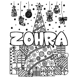 Coloring page first name ZOHRA - Christmas tree and presents background