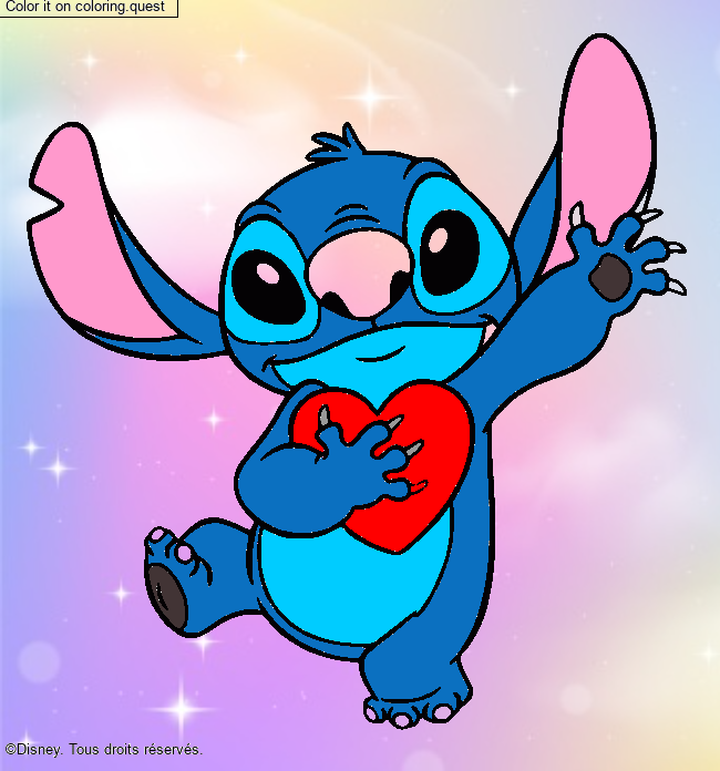 Stitch holding a heart by a guest