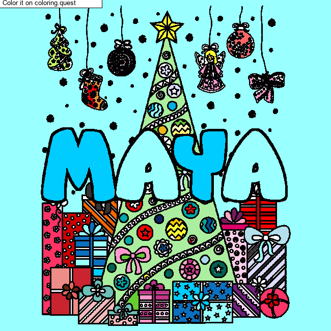 Coloring page first name MAYA - Christmas tree and presents background by a guest